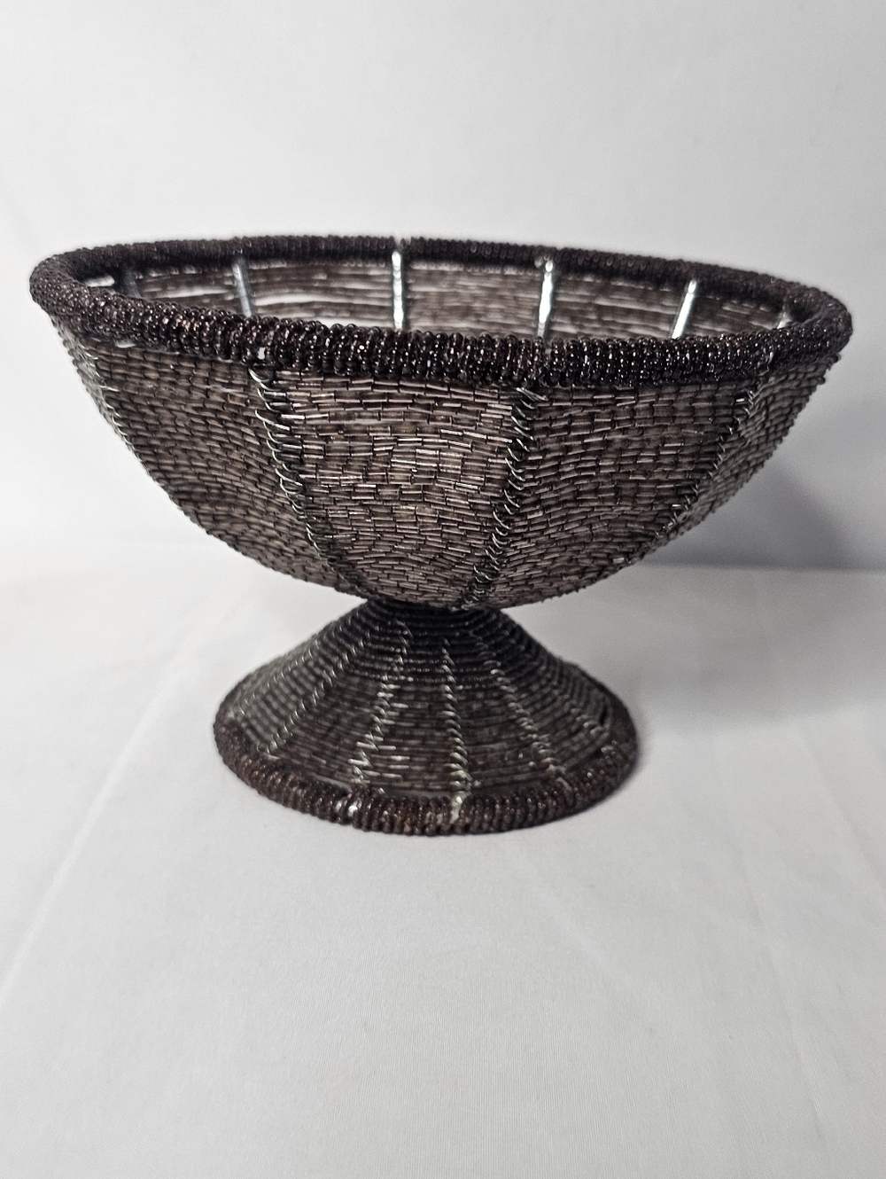 Vintage African Beaded Wire Bowl 7" Handcrafted Footed Basket Decorative Metal